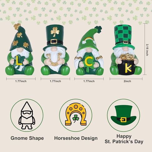 MEETYAMOR زينة يوم القديس باتريك، 4 قطع تمثال راتنج جنوم لديكور يوم القديس باتريك، علامة الحظ تماثيل البرسيم الأخضر الأيرلندي تقف لطاولة المنزل، رف، رف in Kuwait