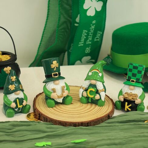 MEETYAMOR زينة يوم القديس باتريك، 4 قطع تمثال راتنج جنوم لديكور يوم القديس باتريك، علامة الحظ تماثيل البرسيم الأخضر الأيرلندي تقف لطاولة المنزل، رف، رف in Kuwait