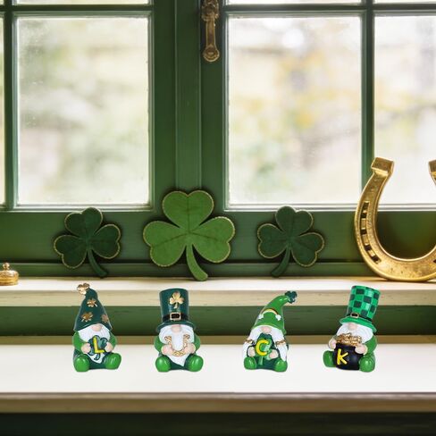 MEETYAMOR زينة يوم القديس باتريك، 4 قطع تمثال راتنج جنوم لديكور يوم القديس باتريك، علامة الحظ تماثيل البرسيم الأخضر الأيرلندي تقف لطاولة المنزل، رف، رف in Kuwait