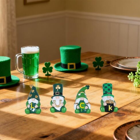 MEETYAMOR زينة يوم القديس باتريك، 4 قطع تمثال راتنج جنوم لديكور يوم القديس باتريك، علامة الحظ تماثيل البرسيم الأخضر الأيرلندي تقف لطاولة المنزل، رف، رف in Kuwait