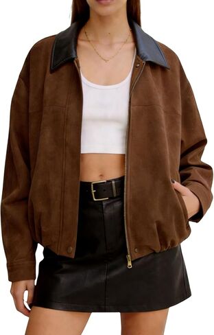 Tanming Womens Faux Suede Leather Jacket Oversized Motorcycle Zip Up Bomber Jacket Pilot Outerwear Coats in Saudi Arabia