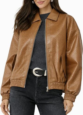 KANSOON Womens Faux Leather Bomber Jacket Textured Zip Up Cropped Street Style Trendy Outerwear in Saudi Arabia