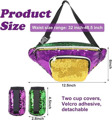 Wehhbtye Mardi Gras Fanny Pack, Mardi Gras Sequins Waist Pack with 2 Drink Holders, Reversible Purple Gold Green Glitter Belt Bag for Women Men Party Decoration Outfit Accessories in Saudi Arabia