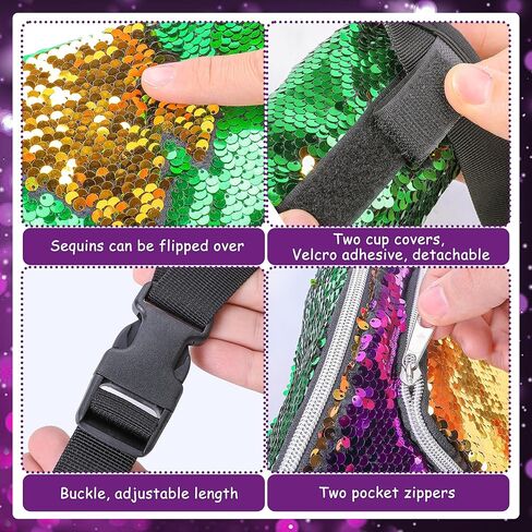 Wehhbtye Mardi Gras Fanny Pack, Mardi Gras Sequins Waist Pack with 2 Drink Holders, Reversible Purple Gold Green Glitter Belt Bag for Women Men Party Decoration Outfit Accessories in Saudi Arabia