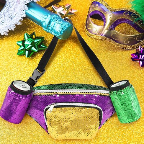 Wehhbtye Mardi Gras Fanny Pack, Mardi Gras Sequins Waist Pack with 2 Drink Holders, Reversible Purple Gold Green Glitter Belt Bag for Women Men Party Decoration Outfit Accessories in Saudi Arabia