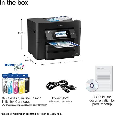 طابعة Epson Workforce Pro WF-4833 اللاسلكية النافثة للحبر الملونة الكل في واحد، أسود - طباعة مسح ضوئي وفاكس - 25 صفحة في الدقيقة، 4800 × 2400 نقطة في البوصة، شاشة لمس 4.3 بوصة، طباعة تلقائية على الوجهين، 50 ورقة ADF، 500 ورقة، إيثرنت in Saudi Arabia