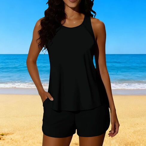 Tankini Swimsuits for Women Two Piece Athletic Bathing Suits Flowy Tankinis Top with Sporty Pockets Boy Shorts in Saudi Arabia