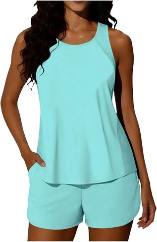 Tankini Swimsuits for Women Two Piece Athletic Bathing Suits Flowy Tankinis Top with Sporty Pockets Boy Shorts in Saudi Arabia