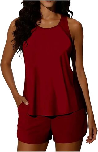 Tankini Swimsuits for Women Two Piece Athletic Bathing Suits Flowy Tankinis Top with Sporty Pockets Boy Shorts in Saudi Arabia