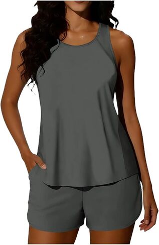Tankini Swimsuits for Women Two Piece Athletic Bathing Suits Flowy Tankinis Top with Sporty Pockets Boy Shorts in Saudi Arabia