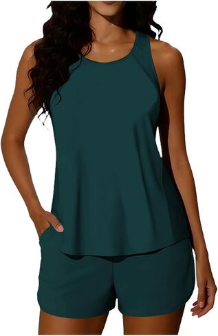 Tankini Swimsuits for Women Two Piece Athletic Bathing Suits Flowy Tankinis Top with Sporty Pockets Boy Shorts in Saudi Arabia