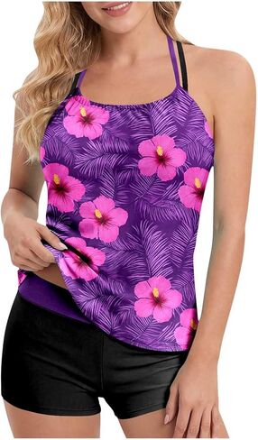 Womens 2 Piece Tankini Sets Swimsuits Floral Print Swim Tops with Boyshorts Beach Vacation Modest Bathing Suits in Kuwait