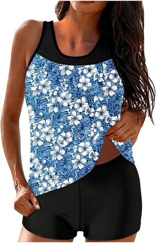 Two Piece Women's Tankini Swimsuits Blouson Swim Tank Top with Shorts Plain Modest Bathing Suits Summer Swimwear Set in Saudi Arabia