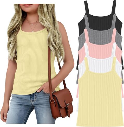 5 Pack Girls' Sleeveless Tank Tops Basic Ribbed Camisole Solid Spaghetti Strap Cami Scoop Neck Undershirts 5-14Years in Saudi Arabia