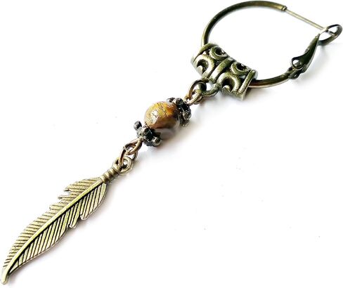 حلق عين النمر للرجال مع ريشة برونزية - مجوهرات أمريكية أصلية - أقراط خلفية على شكل قرصان مفردة من الريش in Kuwait