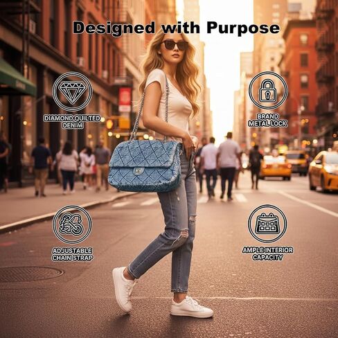 Quilted Denim Purse for Women, Large Capacity Vintage College Style Shoulder Bag Denim Tote Bag, Chain Crossbody Bag in Saudi Arabia