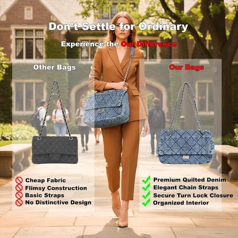 Quilted Denim Purse for Women, Large Capacity Vintage College Style Shoulder Bag Denim Tote Bag, Chain Crossbody Bag in Saudi Arabia
