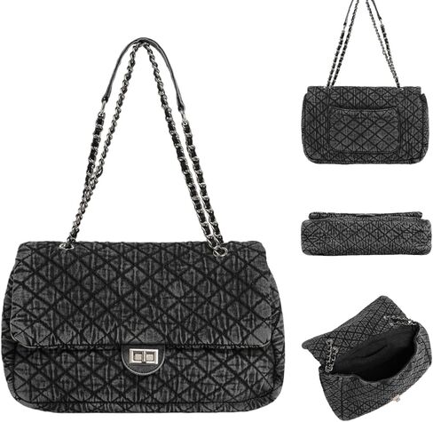 Quilted Denim Purse for Women, Large Capacity Vintage College Style Shoulder Bag Denim Tote Bag, Chain Crossbody Bag in Saudi Arabia