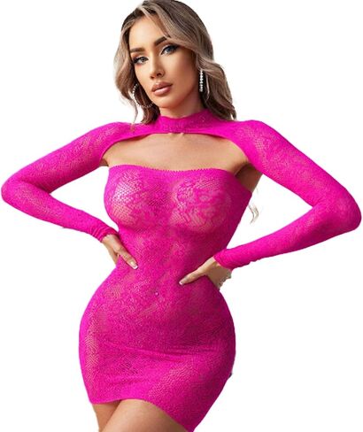 FHSEER-Fishnet مجموعة الملابس الداخلية النساء الدانتيل الملابس الداخلية فستان طويل الأكمام شبكة صيد السمك 2 قطعة ارتداءها شبكة معلقة الرقبة التخسيس in Kuwait