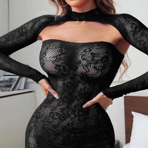 FHSEER-Fishnet مجموعة الملابس الداخلية النساء الدانتيل الملابس الداخلية فستان طويل الأكمام شبكة صيد السمك 2 قطعة ارتداءها شبكة معلقة الرقبة التخسيس in Kuwait