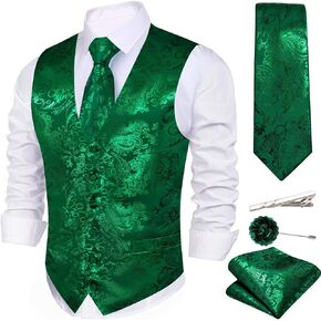 Mens Shiny Paisley Printed Vest Tie Set Business Suit Waistcoat Formal Flower Silk V-Neck 5PCS for Tuxedo or Wedding