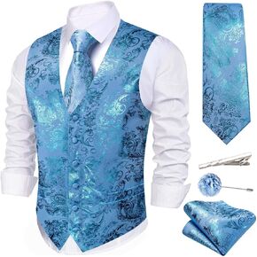 Mens Shiny Paisley Printed Vest Tie Set Business Suit Waistcoat Formal Flower Silk V-Neck 5PCS for Tuxedo or Wedding