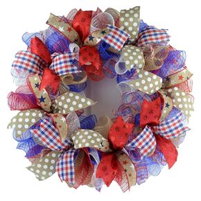 Fourth of July Independence Day Mesh Door Wreath; red white blue jute burlap | J1