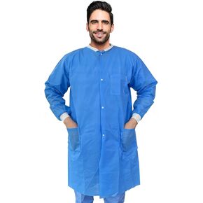 AMZ Medical Supply معاطف مختبر للاستعمال مرة واحدة للبالغين، مقاس كبير، عبوة من 10 معاطف مختبرية للرسائل النصية القصيرة، ملابس طبية للاستعمال مرة واحدة مقاومة للسوائل 40 جرامًا في المتر المربع مع أزرار كبس أمامية، وياقة وأصفاد محبوكة، 3 جيوب in Kuwait