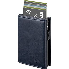 Card Holder Wallet with Coin Pocket Magnetic Closure Pop Up Cards with ID Window Leather Wallet for Cash & Credit Cards (Blue)