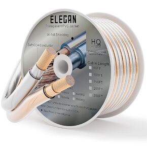 Elecan Pro Series 14/2 Speaker Wire Cable Spool 250 Ft 14 Gauge AWG-Transparent Zipper Soft Touch PVC Jacket&Al-Foli Shielding for HiFi Home Theater,Car Audio Speakers,Stereos-Gold/Silver