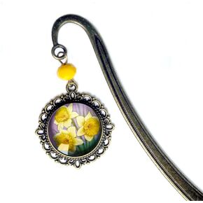 Art Nouveau Spring Daffodil Flower Brass Bookmark with Reversed Decoupage Glass Cabochon