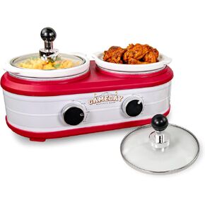 Nostalgia Game Day 2.5-Quart 2-Section Slow Cooker with Lid and Ladle, Keg-Like Design, Cooks Chicken Wings, Meatballs, Chilli, Cheese, Soup, Stews, and More