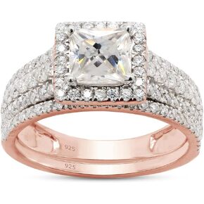 SAVEARTH DIAMONDS 1 1/2 ct. t.w Princess & Round Cut Lab Created Moissanite Diamond Halo Engagement Wedding Band Bridal Set Ring In 14K Gold Over Sterling Silver (G-H Color, VVS1 Clarity, 1.50 Cttw)