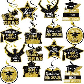 8TH Grade Graduation Decorations 2024, 8TH Grade Graduation Hanging Swirls, Bye Bye 8TH Grade Next Stop High School Banner, 8TH Grade Graduation Banner, Eighth Grade Graduation Party Supplies, 16Pcs