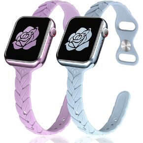 JR.DM 2 Pack Engraved Silicone-Bands Compatible with Apple Watch Band 38mm 40mm 41mm 42mm 44mm 45mm 49mm, Slim Feminine Fashion Leaf Design Waterproof Strap,For iWatch Series 9 8 7 6 5 4 3 2 1 Women