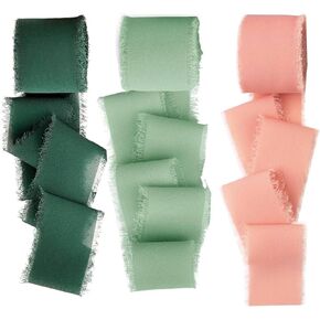 Chiffon Ribbon 3 Rolls Handmade Fringe Chiffon Silk Ribbon 21 Yard 1.5" Coral Ice & Green Ribbons Set for Wedding Invitations Bridal Bouquets Gifts Wrapping DIY Crafts Baby Shower Invitations in Kuwait