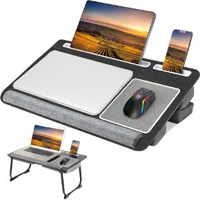 Yshunlai Lap Desk - يناسب مكتب كمبيوتر محمول يصل إلى 17 بوصة، مكتب كبير قابل للطي مع وسادة، طاولة صينية كمبيوتر محمولة للسرير والأريكة، حامل كمبيوتر محمول مع لوحة ماوس، مسند للمعصم، حامل للكمبيوتر اللوحي والهاتف