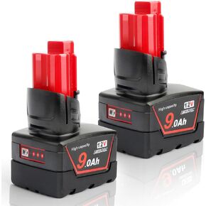 AMICROSS 2 Packs 12V 9.0Ah Replacement Battery Compatible with Milwauki 12V Electric Tools, Lightweight, Compact 12V 9.0Ah Battery with LED Power Indicator
