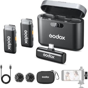 GODOX WES2 Kit2 Wireless Lavalier Microphone for Android, MFi Certified, Plug and Play, Noise Cancelling Lapel Mic with 656ft Transmission, Compatible with Android, for Vlogs/Interviews/Live