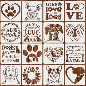JSRQT 16 Pieces Dog Painting Template DIY Craft Template Plastic Drawing Stencils for Painting Dog Paw Sunflower Love Heart Stencils for Crafts Reusable Wall Stencil for Scrapbooking Furniture