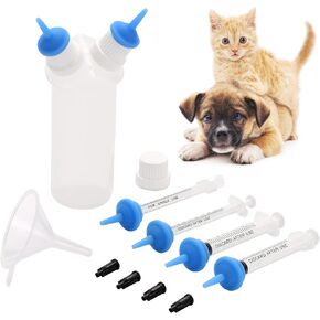 Jiaxix Pet Feeding Bottle with Two Blue Silicone Nipple and Syringes for Puppy Cat