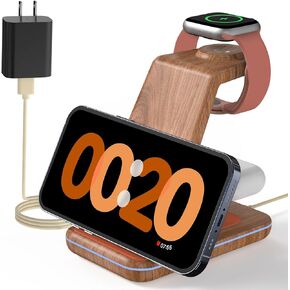 JoyGeek Wireless Charging Station, Wireless Charging Stand, 3 in 1 Charging Station for Apple iPhone 15/14/13/12/11/SE/X/8 Series, iWatch 8/SE/7/6/5/4/3, AirPods Pro 2/Pro/3/2, Woodgrain Color