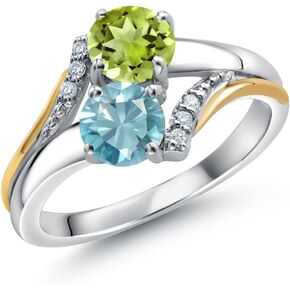 Gem Stone King 10K Yellow Gold and 925 Silver Blue Zircon and Green Peridot and White Lab Grown Diamond Accent Engagement Ring For Women (1.43 Cttw, Gemstone, Round 5MM, Available in Size 5,6,7,8,9)