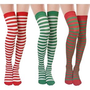 3 أزواج من جوارب عيد الميلاد من بيكتيان للنساء، جوارب مخططة فوق الركبة، جوارب كاندي قصب قزم جوارب الفخذ العليا للفتيات والنساء (أحمر، أبيض، أخضر) in Kuwait