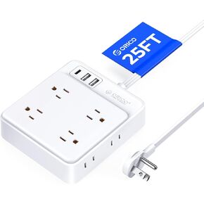 Power Strip with USB,ORICO White Extension Cord 5 Feet, 8 Outlets 3 USB Ports (1 USB C), Ultra Thin Flat Plug, Wall Mount, No Surge Protector Extension Cord Indoor, for Living Room/Bedroom (5FT)