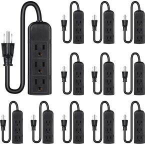 12 Pack 3 Outlet Power Strip Extension Cord with Flat Plug Mini Cord 3 Ground Outlets Heavy Duty Mountable Outlet Strip for Computer Phone Home Office, Black (1 ft)