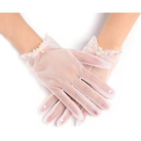 Casdre Short Bridal Tulle Gloves White Pearl Summer Wedding Gloves Wrist Length Tea Party Gloves for Women and Girls