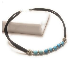 10 Inch Blue Turquoise Gemstone Black Micro Suede Ankle Bracelet Gift Boxed