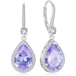 FYNSBLE 8 * 12mm Dangle Drop Earrings for Women,925 Sterling Silver Earrings CZ Birthstone Earrings Plated with 18K White Gold Teardrop Jewelry Leverback Hypoallergenic Earrings Gift for Women Her