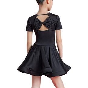 Libaobaoyo Girls Kids Latin Dance Dress Short Sleeve Professional Ballroom Bow Ballet Performance Dancewear